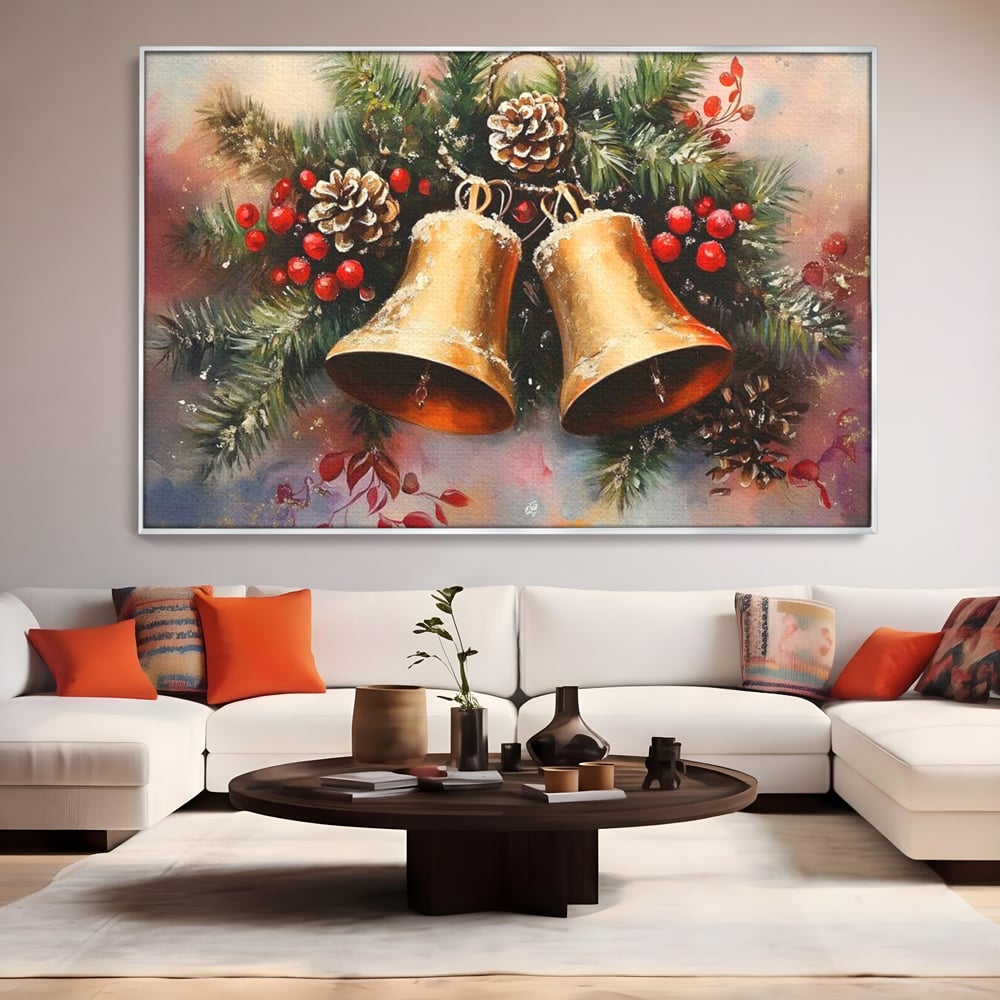Tablou canvas cu tablou canvas cu clopotei aurii si conuri, in rama de aluminiu argintiu, pe perete intr-un living